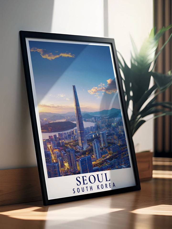 Bring the beauty of Seouls Lotte World Tower into your home with this vibrant poster, capturing the essence of South Koreas cultural and architectural heritage, perfect for travel enthusiasts and modern art lovers.