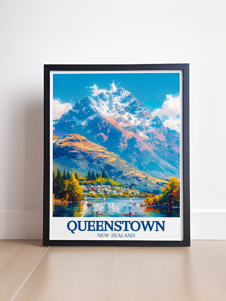 Queenstown travel poster highlighting The Remarkables Lake Wakatipu in a vintage style perfect for home decor office spaces and gifts showcasing the natural beauty and charm of Queenstown through a timeless black and white fine line print