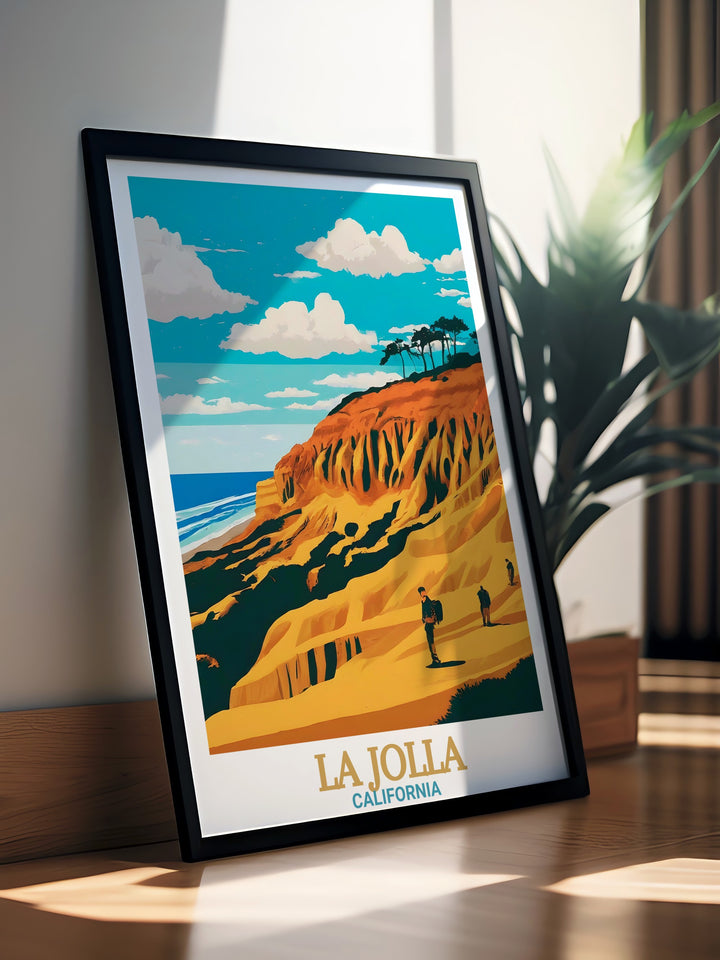 Torrey Pines Travel Print showcases the dramatic cliffs and rare pine trees that define the natural reserve, paired with the peaceful waters of La Jolla Cove. Perfect for those who love the outdoors, this print adds a calming yet adventurous touch to any home decor.