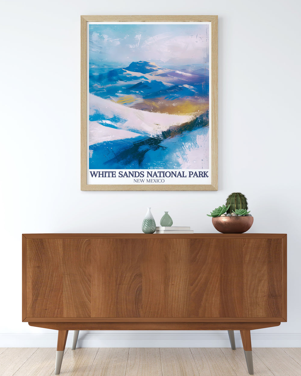 National park poster of White Sands showcasing the majestic Sacramento Mountains and the expansive Chihuahuan Desert a perfect gift for nature lovers and those who appreciate modern prints and stunning home decor adding a touch of natural beauty to any space.