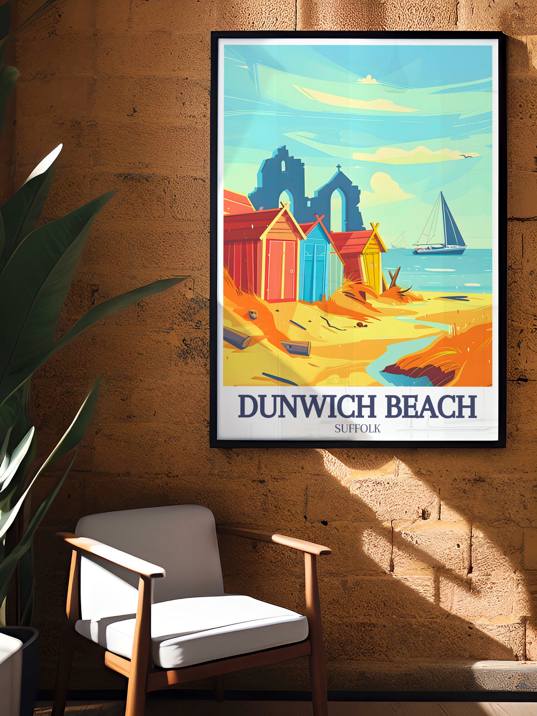 Dunwich Beach art print highlights the calming atmosphere of Suffolks coastline, with its wide sandy shores and gentle waves. This travel poster pairs beautifully with the mysterious ruins of Dunwich Church, making it an ideal piece for coastal and historical art enthusiasts.