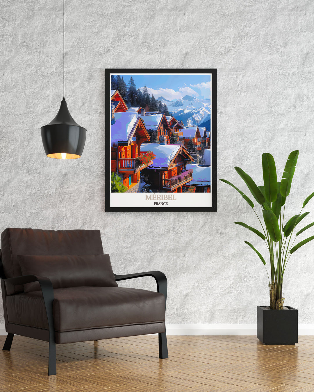 This vibrant art print of Méribel highlights the resorts dynamic snowboarding scene and beautiful mountain landscapes, making it a standout piece for those who appreciate alpine adventures.