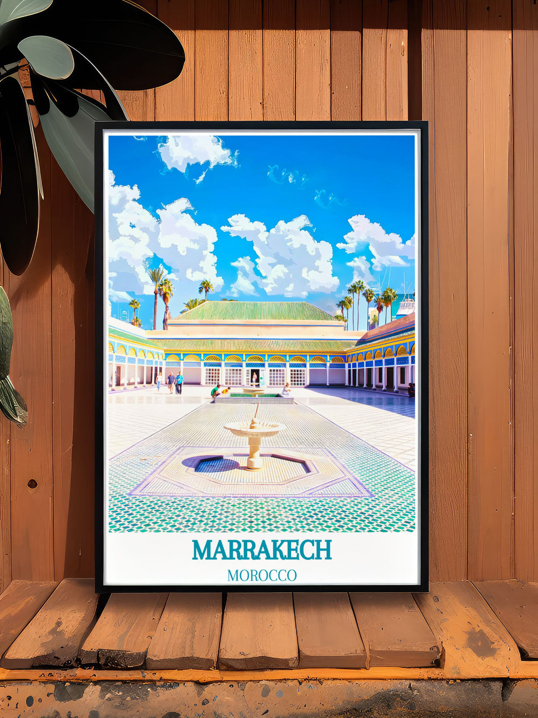 This travel poster beautifully depicts the historic allure of Marrakech and the architectural splendor of Bahia Palace, ideal for adding a touch of Moroccos cultural heritage to any room.