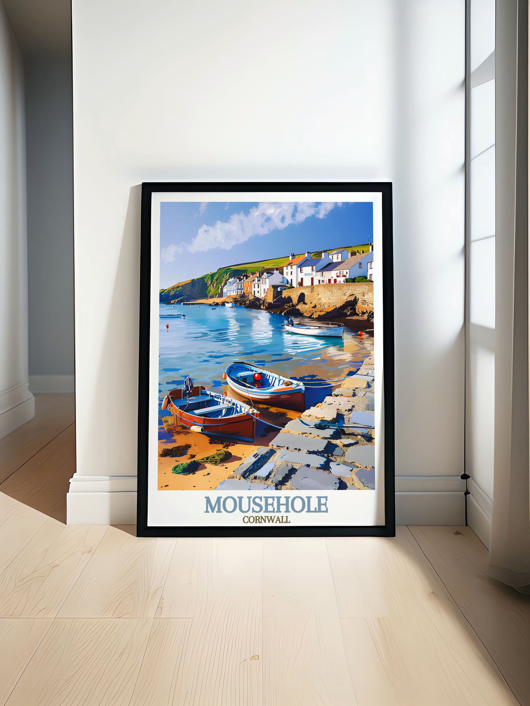 UK Travel Print featuring Mousehole Harbour in Cornwall beautiful illustration capturing the charm of this coastal village perfect for home decor and as a gift for Cornwall lovers vibrant and detailed artwork ideal for any room