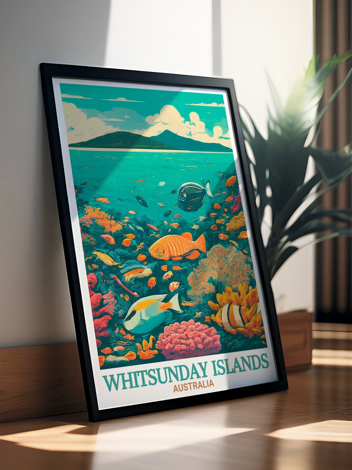 Beautiful illustration of the Whitsunday Islands set against the backdrop of the Great Barrier Reef perfect for travel enthusiasts and those looking to add a touch of Australian charm to their home with this modern travel print.