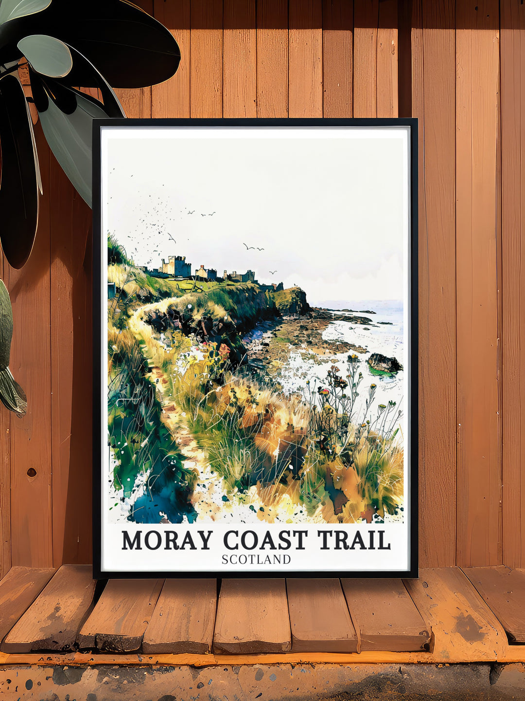 A striking Moray Coast Trail Wall Print that brings the rugged charm of Scotlands northeastern coastline into your living space. The print is a perfect blend of natural beauty and historical significance, making it a unique addition to any art collection.