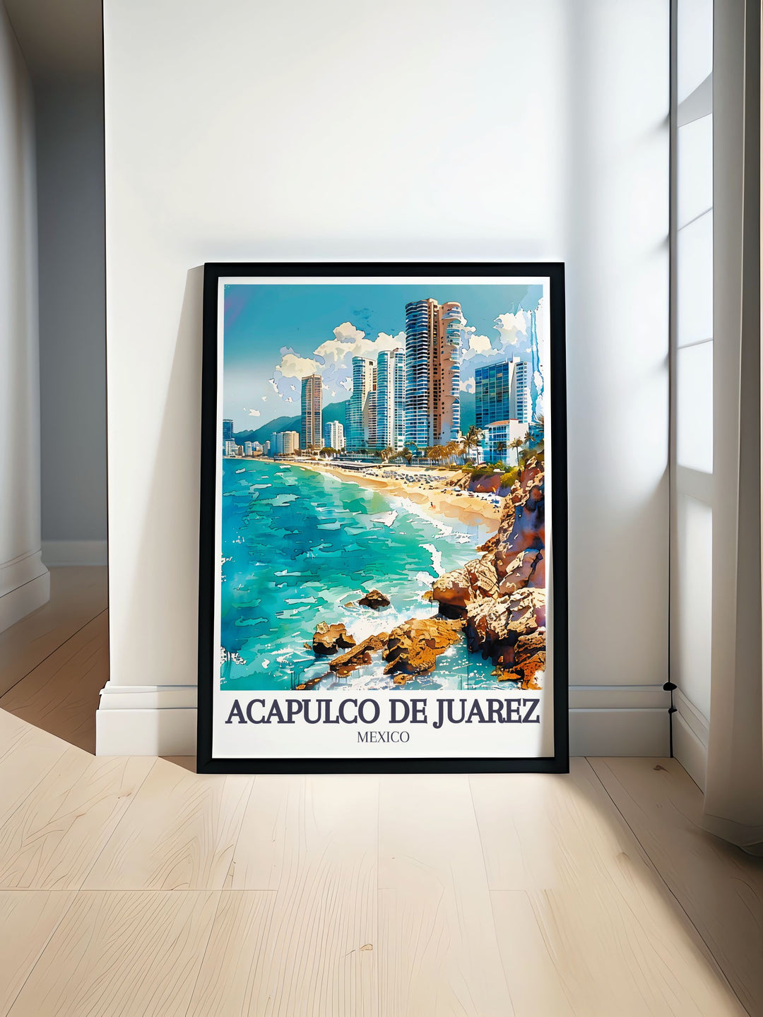This travel poster of Acapulco de Juárez brings to life the lively atmosphere and scenic landscapes of Playa Condesa and Acapulco Bay, perfect for any art collection.