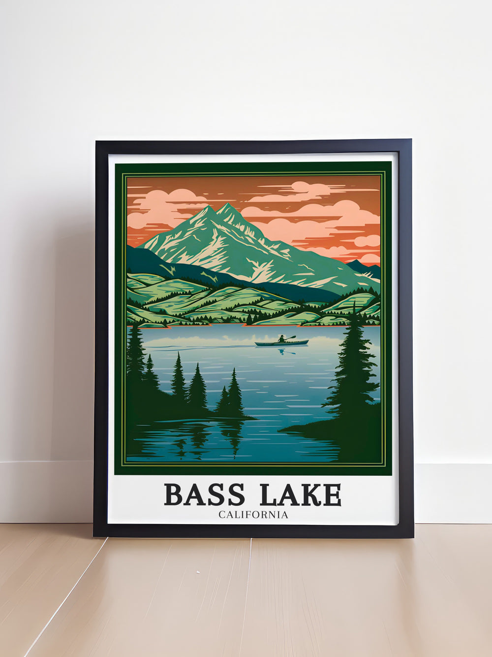 Experience the beauty of Bass Lake California with this retro travel print highlighting the iconic Sierra National Forest Madera County an ideal decor piece for nature lovers who cherish the serenity of Yosemite and the majesty of Redwoods California.