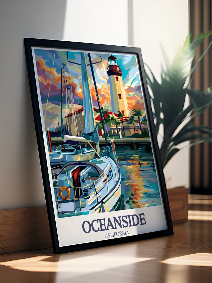 Modern art print of Oceanside Harbor Lighthouse highlighting the beauty of the Californian coast with detailed artwork ideal for home decor and travel enthusiasts looking to celebrate Oceansides charm