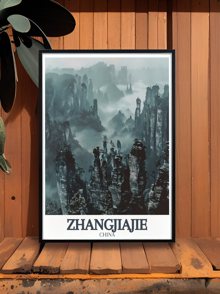 This Zhangjiajie wall art captures the grandeur of Chinas Tianzi Mountain, where ancient rock formations meet the sky. The vivid colors and intricate details make this poster a standout piece for any room, evoking the mystical charm of Chinas most famous natural landmarks. Ideal for anyone looking to add a touch of adventure to their decor.