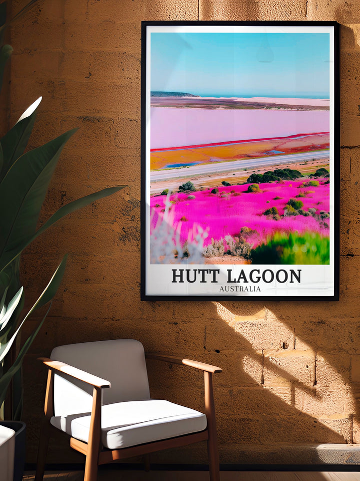 The Hutt Lagoon Print is a beautiful representation of Australias Coral Coast Highway and Hutt River making it an ideal Australia Souvenir and piece of wall decor for your home Add this vibrant Australia Wall Art to any room for a touch of elegance