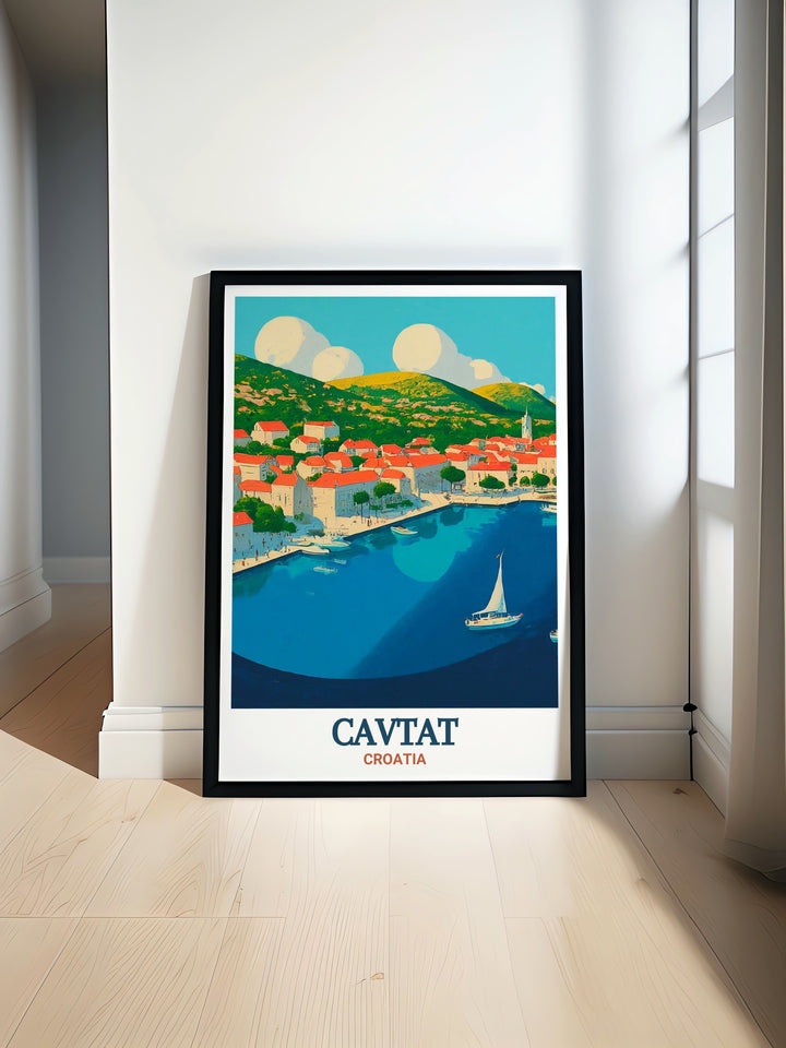 Croatia wall poster featuring Cavtats scenic harbor, with its vibrant boats and Mediterranean setting, perfect for anyone looking to celebrate their love for Croatia through art and travel posters.