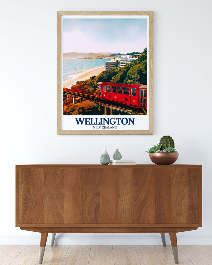 Oriental Bay travel print showcases the tranquil beauty of Wellingtons waterfront. This artwork highlights the peaceful waters and vibrant city backdrop, making it perfect for anyone who wants to add a touch of New Zealands coastal charm to their home or office.