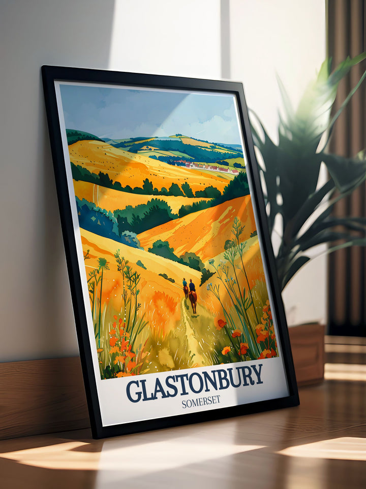 Exquisite UK wall art depicting Glastonbury Tor with the picturesque Somerset levels and Mendip hills in the background an ideal Glastonbury gift or addition to your collection of UK wall prints and posters perfect for home decor and travel art.