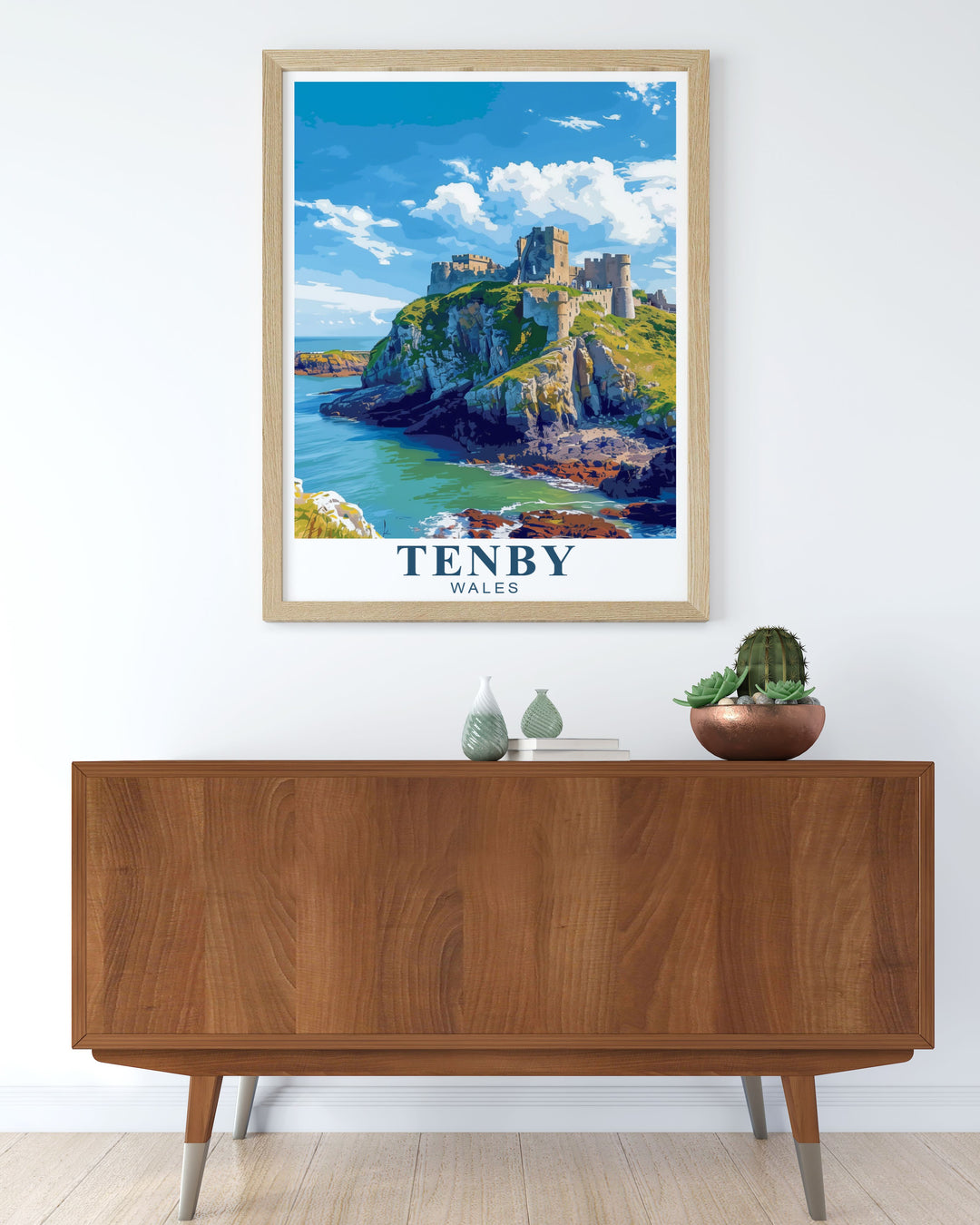 Stunning Tenby Castle and St. Catherines Island modern prints perfect for adding a coastal vibe to your living room. This travel art is an ideal piece of home décor for anyone who appreciates the beauty of Pembrokeshire Wales.