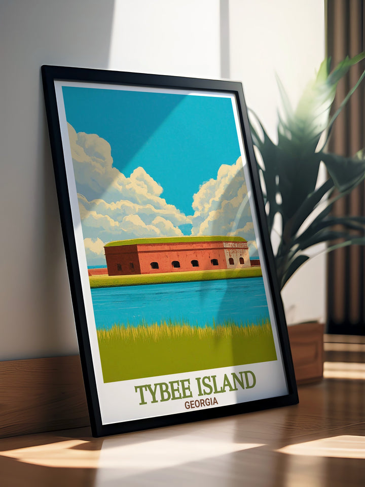 Stunning black and white Tybee Island Artwork with Fort Pulaski National Monument perfect for living room decor or as a travel gift for friends and family who appreciate the beauty of historic sites.