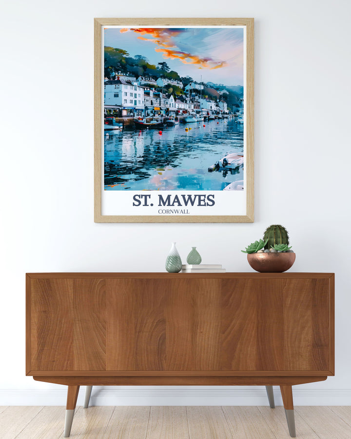 St. Mawes Harbour and St. Mawes Beach feature in this stunning Cornwall poster print perfect for bringing the charm of Cornwall into your home or as a thoughtful gift for friends who love the regions landscapes