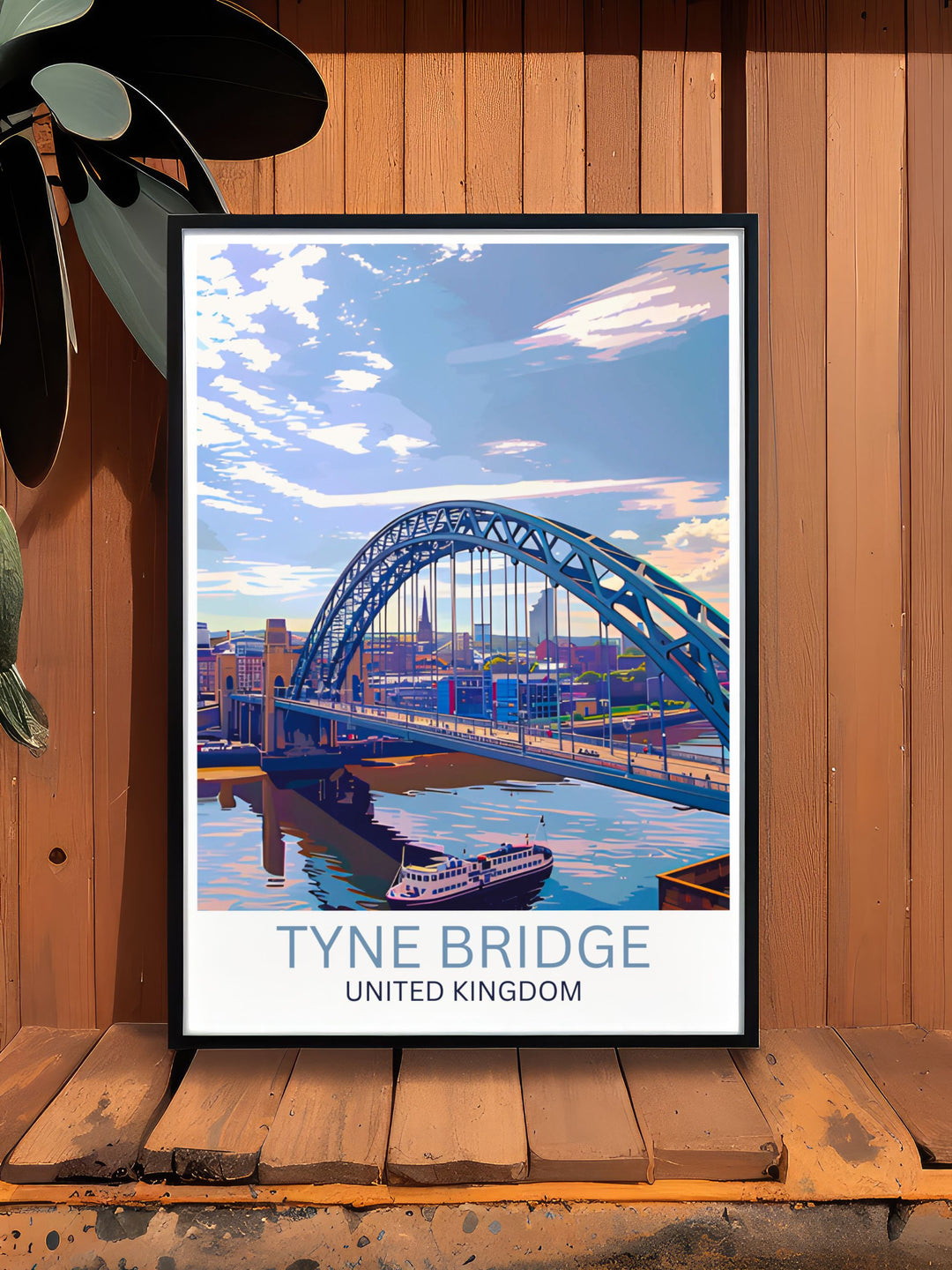 Stunning Newcastle Poster featuring Tyne Bridge and Sage Gateshead with a view of the Millennium Bridge. This retro travel poster is ideal for those looking to enhance their home decor with a piece of Newcastle's architectural and cultural heritage