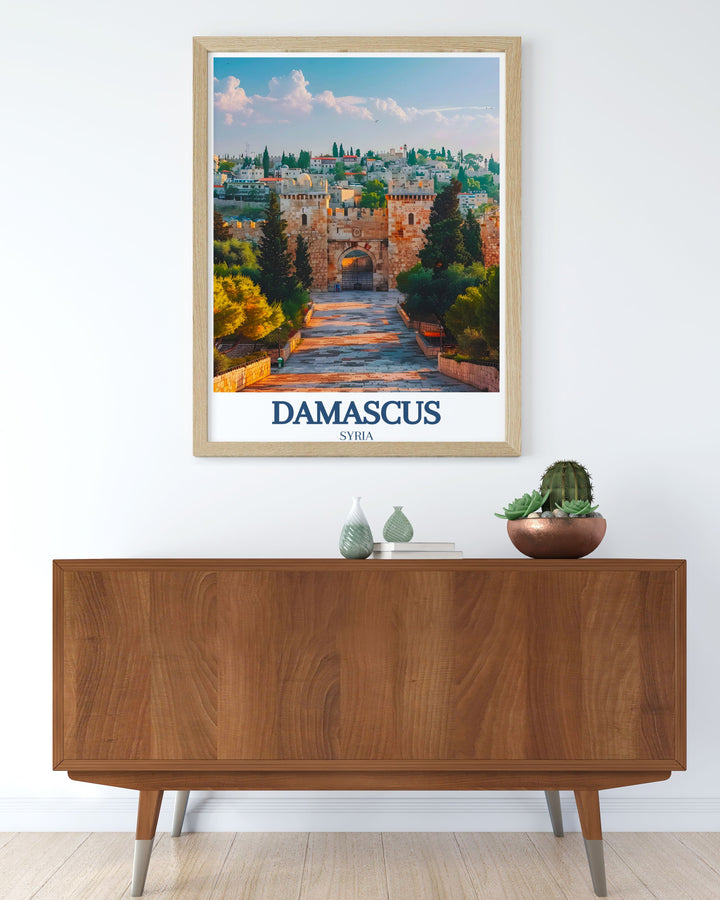 Travel poster showcasing the lively Sun City neighborhood in Damascus, capturing the vibrant street life and colorful markets.