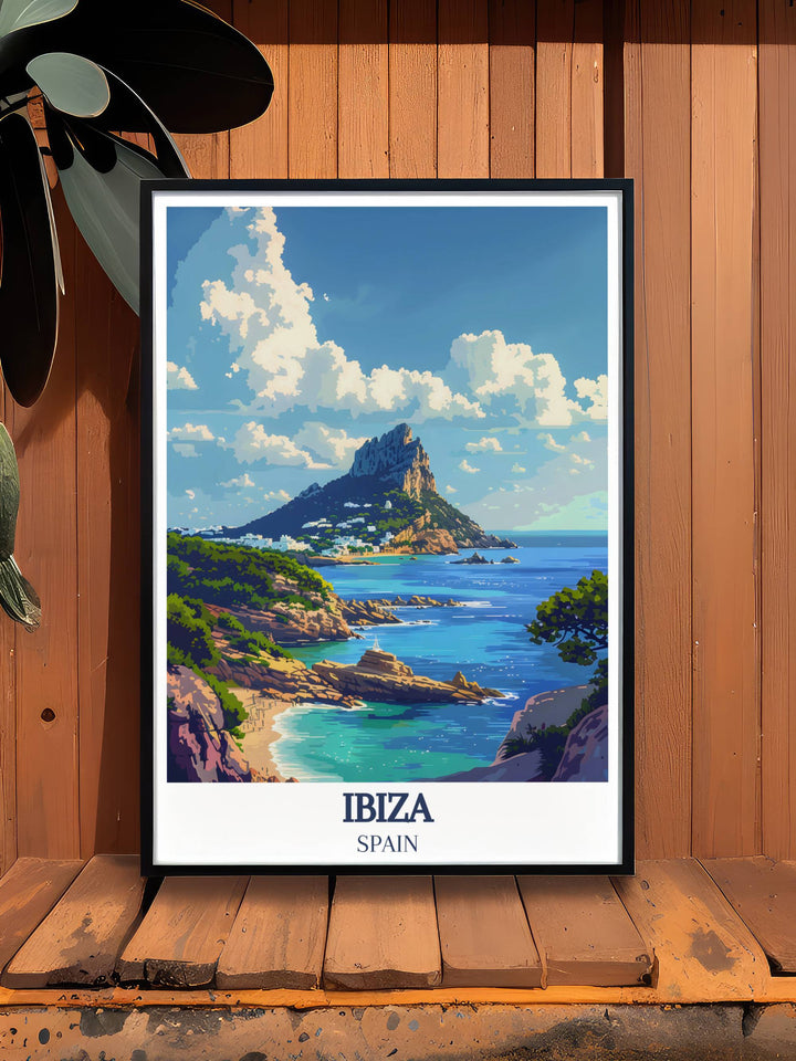Ibiza Travel Poster capturing the lively atmosphere of San Antonio Ibiza and the serene Es Vedra Digital a perfect framed print for those who love Ibizas vibrant nightlife and captivating landscapes