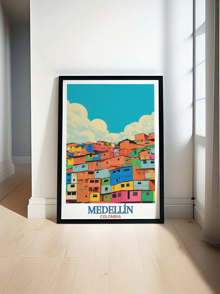 Our Medellín Poster Print brings the streets of Comuna 13 into your home, offering a colorful and dynamic portrayal of the citys artistic landscape. Ideal for urban art enthusiasts and world travelers.