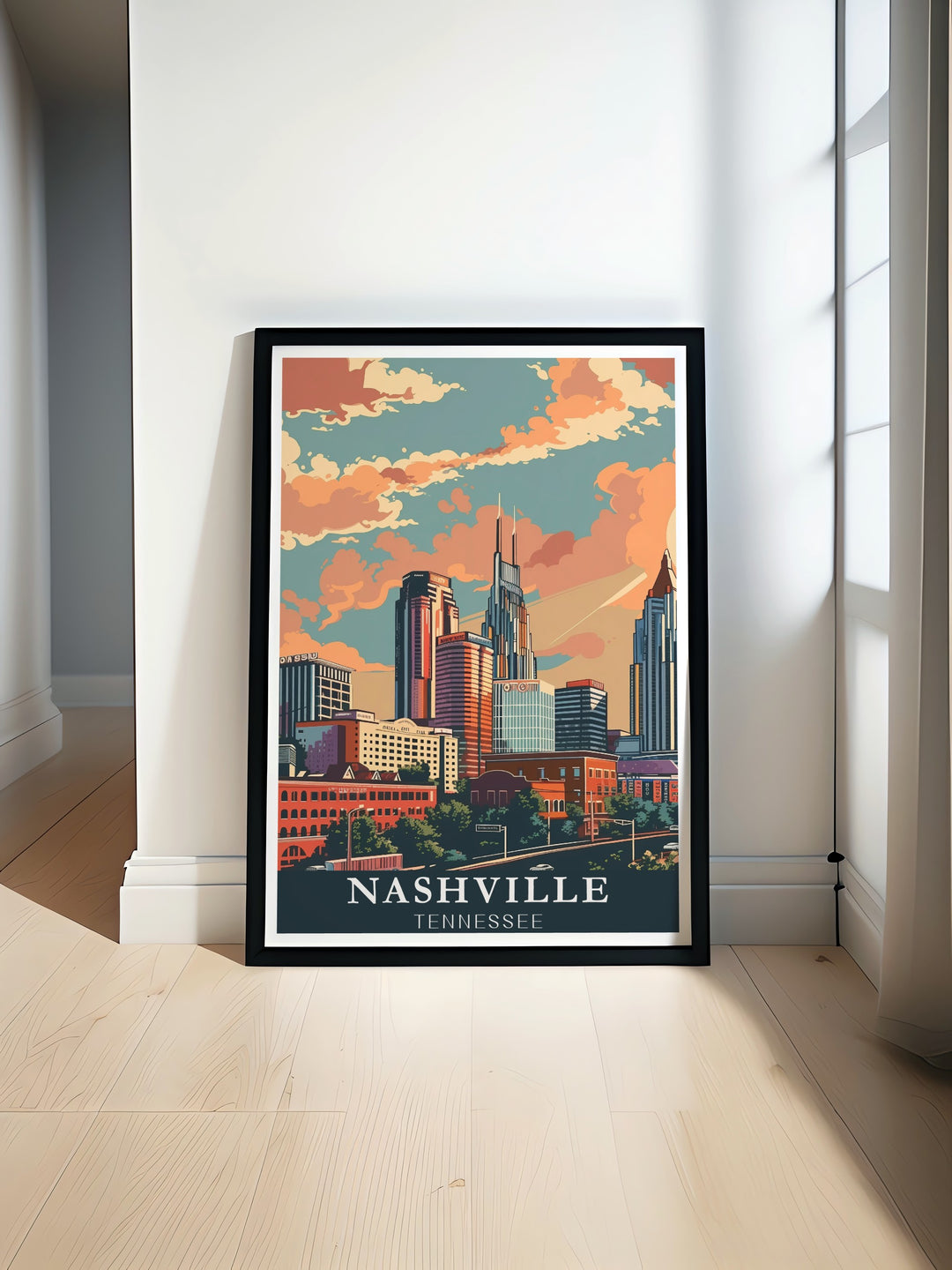 This Skyline Vintage Poster offers a classic view of Nashvilles urban landscape, blending old world charm with contemporary elegance. Perfect for art collectors and travel lovers, this print adds a touch of Tennessees spirit to any space.