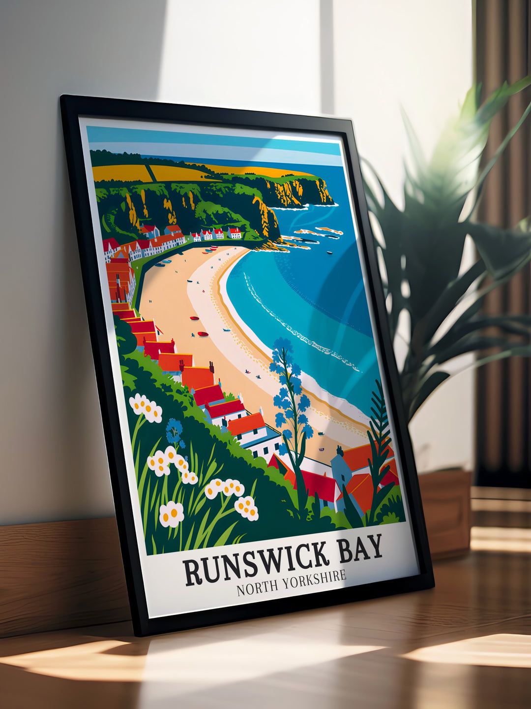 Framed print of Runswick Bay Village along the Cleveland Way Runswick capturing the serene coastal landscape of North Yorkshire a perfect addition to your living room decor and a beautiful gift for those who appreciate the tranquility of coastal towns and nature