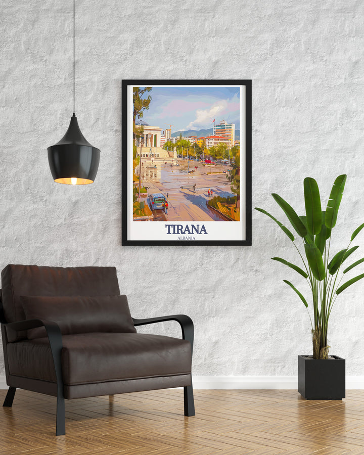 Stunning Tirana Poster depicting Skanderbeg Square, Dajti Mountain a captivating addition to any home decor combining the nostalgic appeal of a vintage poster with contemporary design perfect for art lovers and travel enthusiasts who appreciate unique artwork