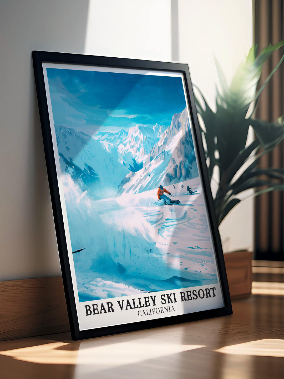 A stunning Bear Valley, Sierra Nevada print this art piece brings the allure of Californias Sierra Nevada right into your living space. Perfect for those who love skiing and nature this poster adds a touch of adventure to your wall decor.