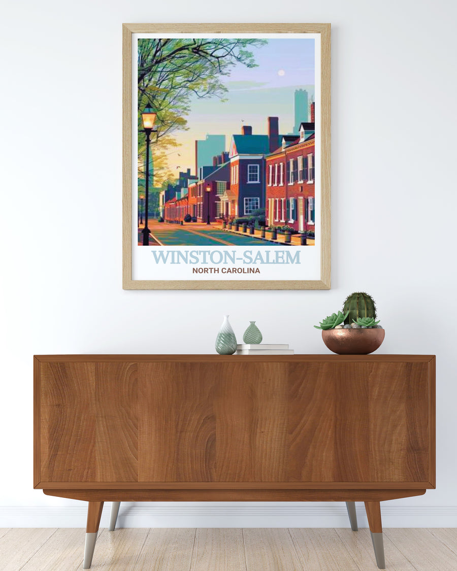 Winston Salem city print showcasing Old Salem Museums &amp; Gardens. The vibrant illustration and detailed craftsmanship make this print a standout piece for historical themed decor. Ideal for enhancing your living space with a touch of city history.