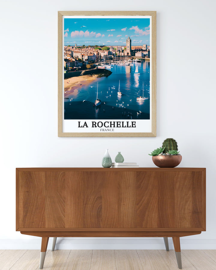 Elegant France travel art depicting the scenic Old Port of La Rochelle and the peaceful Île de Ré. The print brings the charm and beauty of Frances Atlantic coast into your living space, making it a timeless addition to any art collection