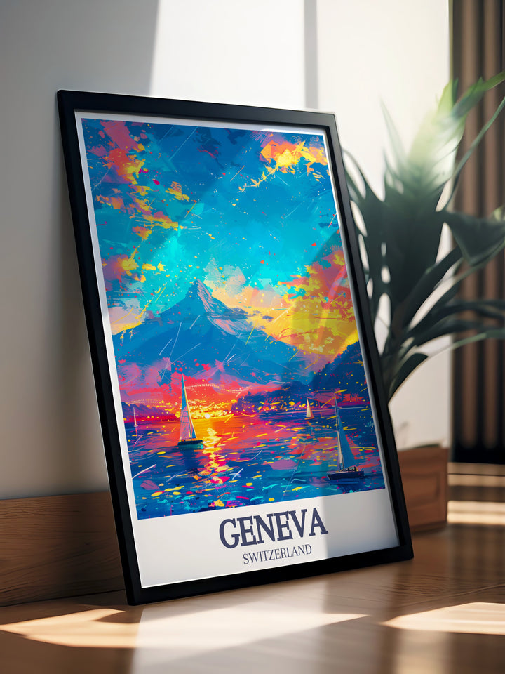 This vintage style travel print showcases the iconic Mont Blanc and Lake Geneva, offering a unique artistic portrayal of Genevas natural beauty. Ideal for anyone looking to add a touch of elegance to their home, this Switzerland poster is both modern and classic.