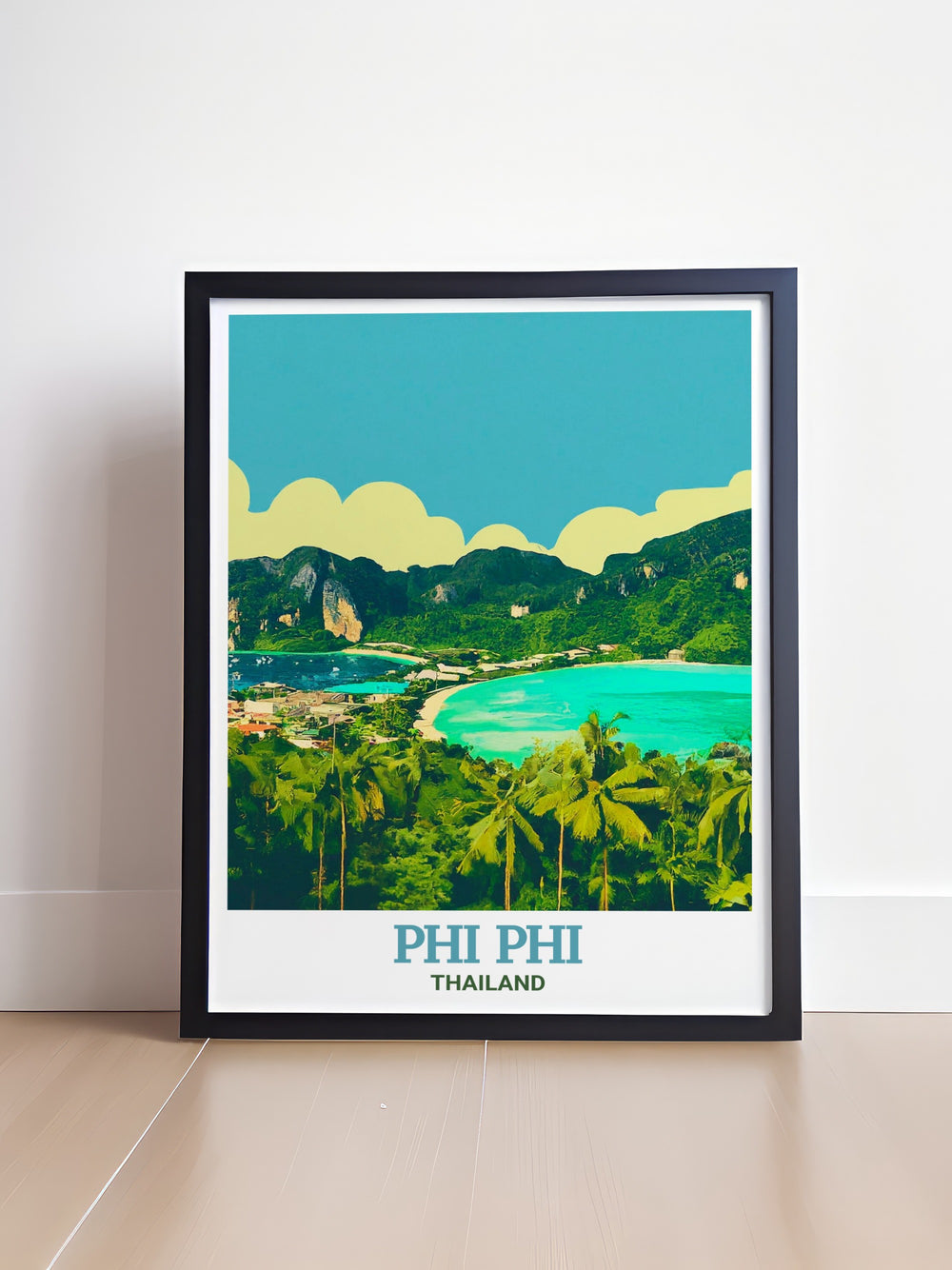 Phi Phi Viewpoint wall art showcasing the stunning panorama of Thailands Phi Phi Islands, with its clear blue waters and lush green landscape. This framed art piece is a must have for those who appreciate natural beauty and want to bring a slice of paradise into their home.