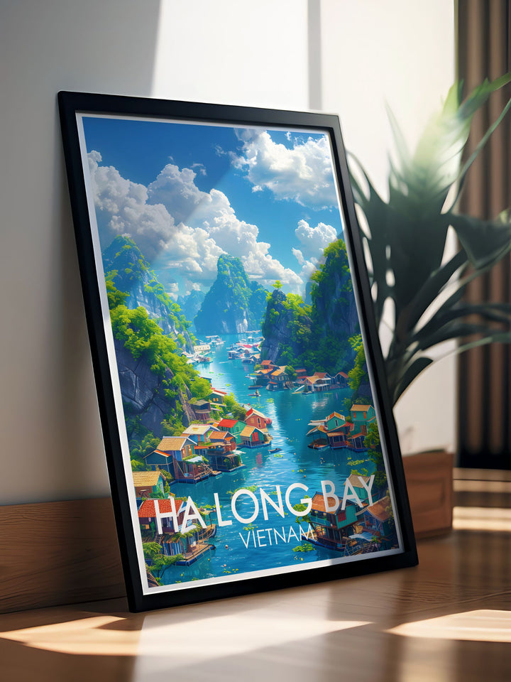 This art print of Ha Long Bay features the breathtaking views of the floating villages and emerald waters, providing a detailed and picturesque view of one of Vietnams most enchanting regions.