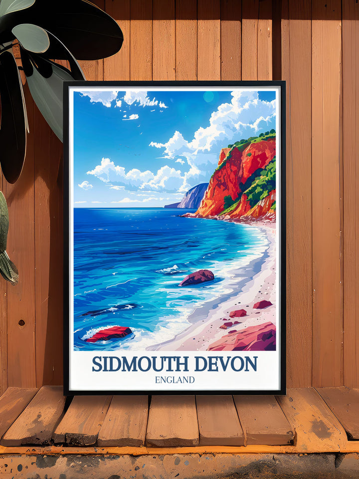 Bring the charm of Sidmouth into your home with this detailed poster featuring the Jurassic Cliffs and Regency Promenade, highlighting the unique blend of natural and historical beauty in Devon.