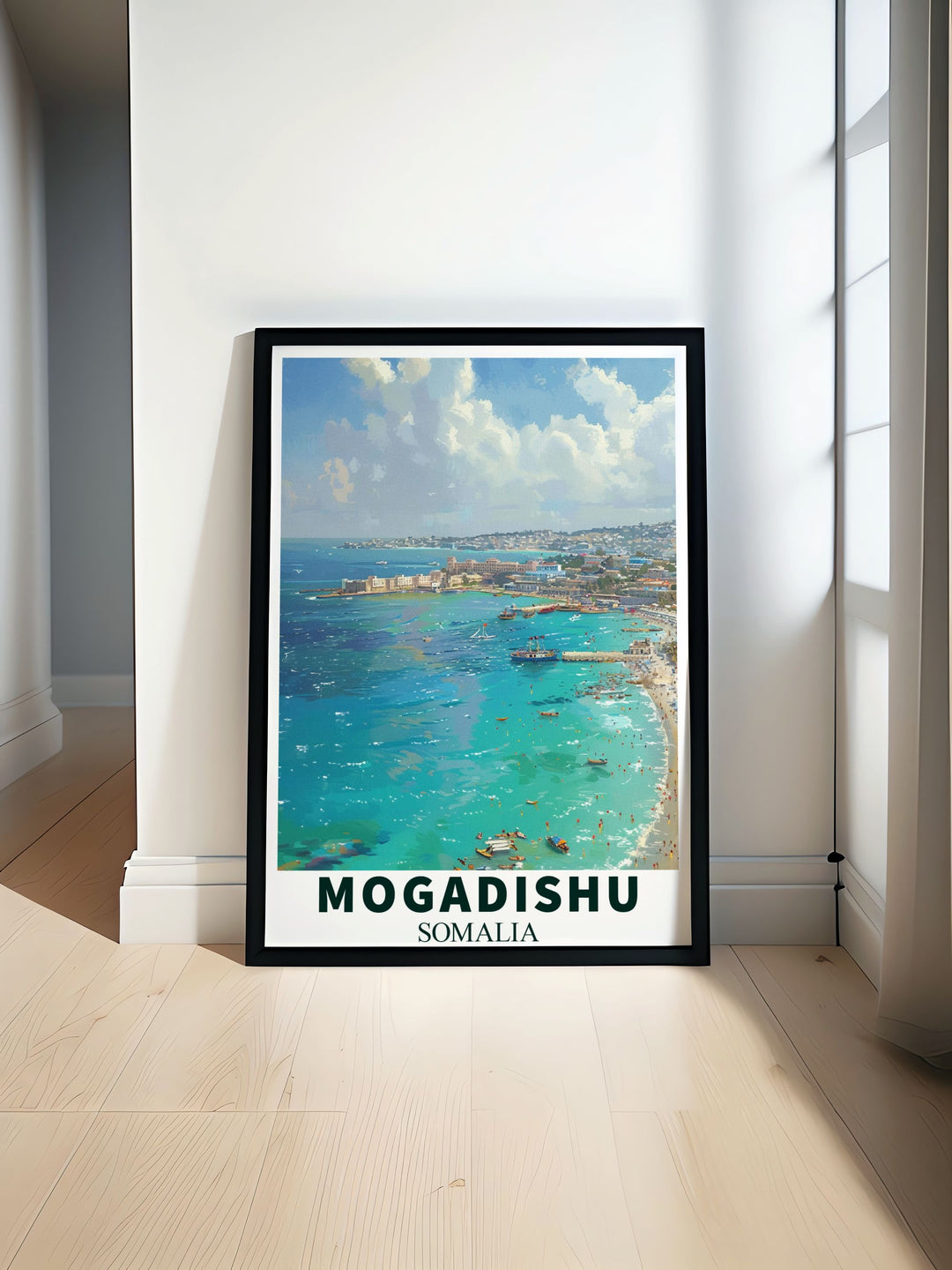 Featuring the majestic Lido Beach, this poster celebrates the unique blend of history and coastal beauty in Mogadishu, inviting viewers to explore the citys iconic sites and vibrant atmosphere.