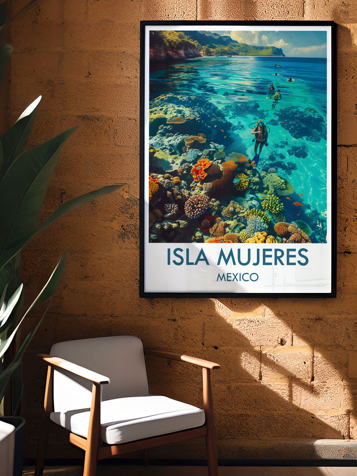 A travel poster showcasing the vibrant beauty of Isla Mujeres, featuring its crystal clear waters and white sandy beaches, perfect for adding a touch of tropical paradise to your home decor.
