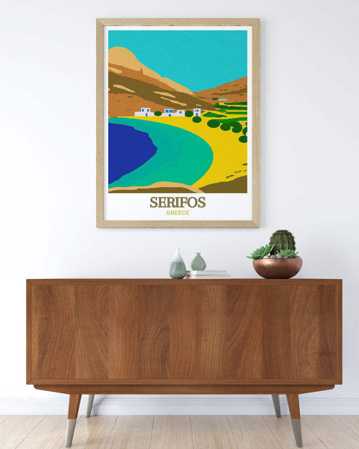 This print features a stunning view of Psili Ammos Beach on the island of Serifos, Greece. The soft golden sands and clear turquoise waters are beautifully depicted, making this an ideal piece for adding a touch of Greek island serenity to your decor.