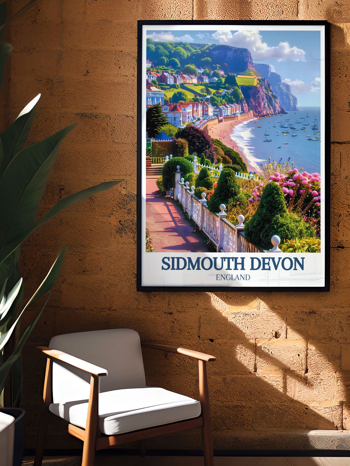 Celebrate the charm of Sidmouth with this captivating travel print. Featuring the Jurassic Coast and the famous Esplanade, this poster brings Devons coastal beauty into any room. Its a perfect choice for travelers, art collectors, or anyone looking to add a coastal vibe to their decor.