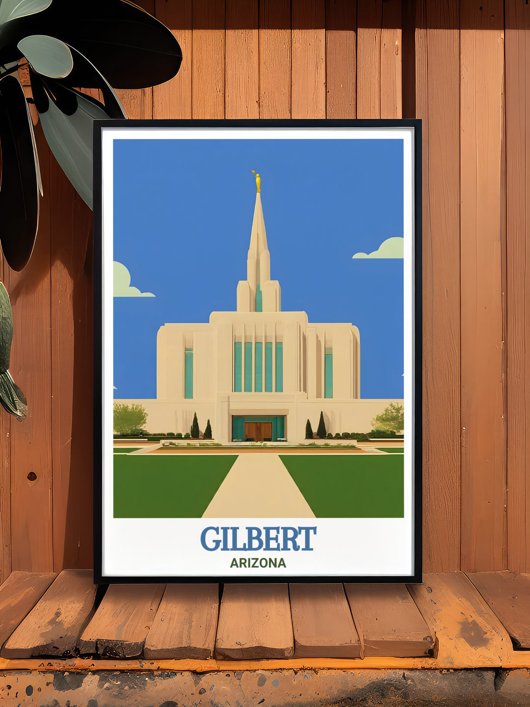 The Gilbert Temple, with its stunning architecture and peaceful surroundings, is the focal point of this Arizona travel print. This artwork is a perfect gift for travelers and Arizona enthusiasts, bringing the beauty of the Southwest into your living space.