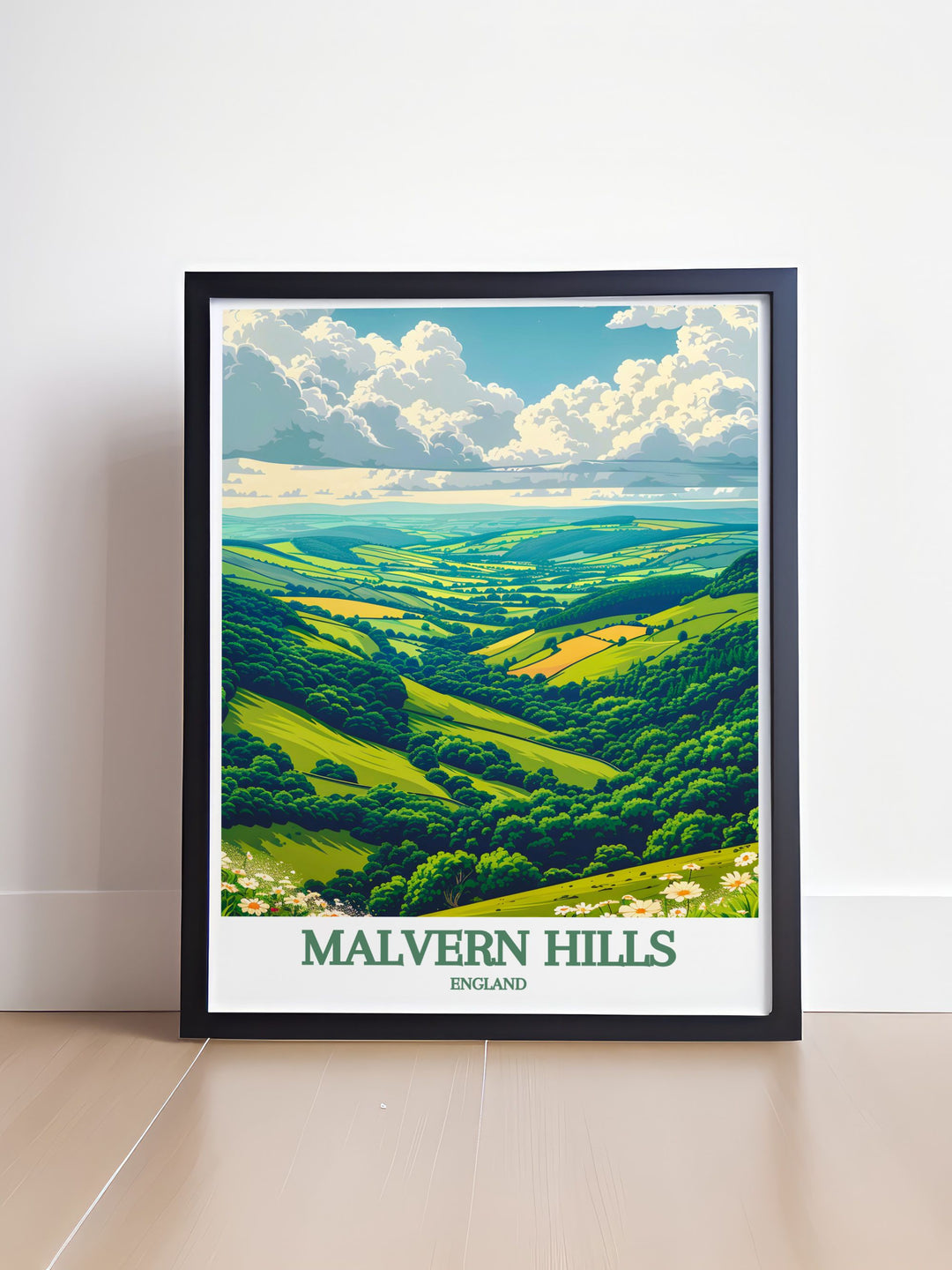 Discover the timeless beauty of Great Malvern Priory through these modern prints showcasing the majestic presence of the priory amidst the rolling Malvern Hills a perfect addition to your home that celebrates UK countryside art and historical elegance