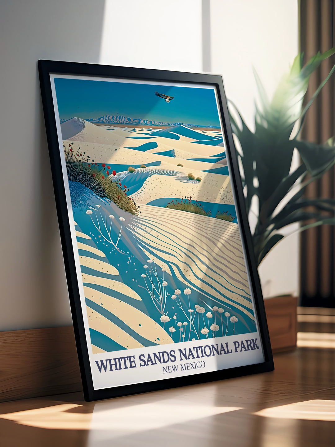 Modern art print of White Sands featuring the breathtaking Sacramento Mountains and the scenic Chihuahuan Desert a perfect national park gift for anyone who appreciates nature and contemporary home decor adding a touch of elegance to any room.