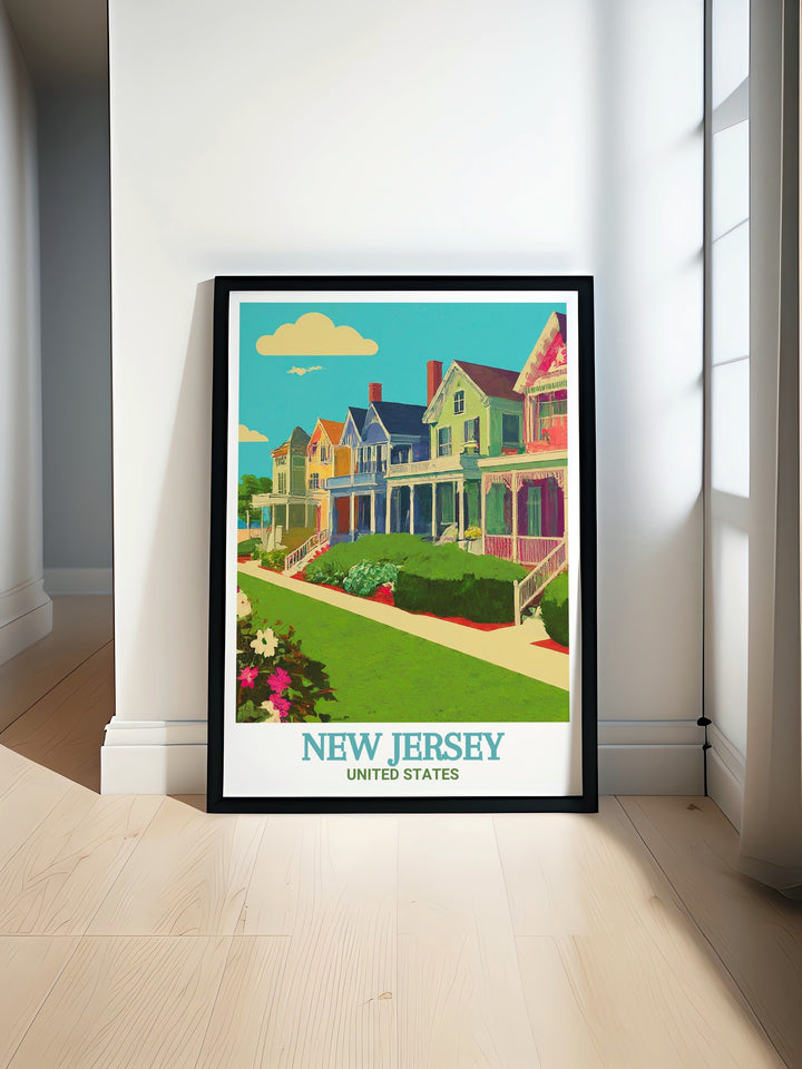 Vintage style Cape May print with a blend of historic and modern elements. Perfect for home decor or as a thoughtful gift. This artwork celebrates the rich history and vibrant atmosphere of New Jerseys iconic seaside town, making it a cherished memento.