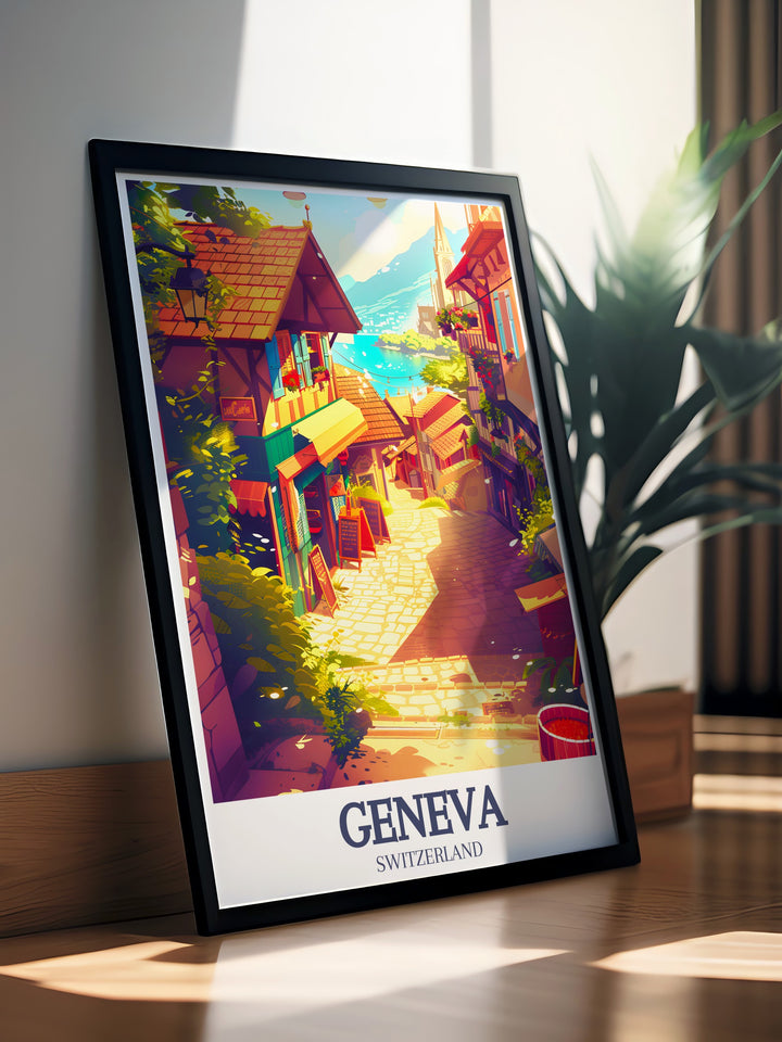 This travel print captures the heart of Genevas Carouge District and the serene Place Marché, offering a beautiful depiction of the Swiss Alps regions urban beauty. Perfect for adding a touch of cultural elegance to any room.