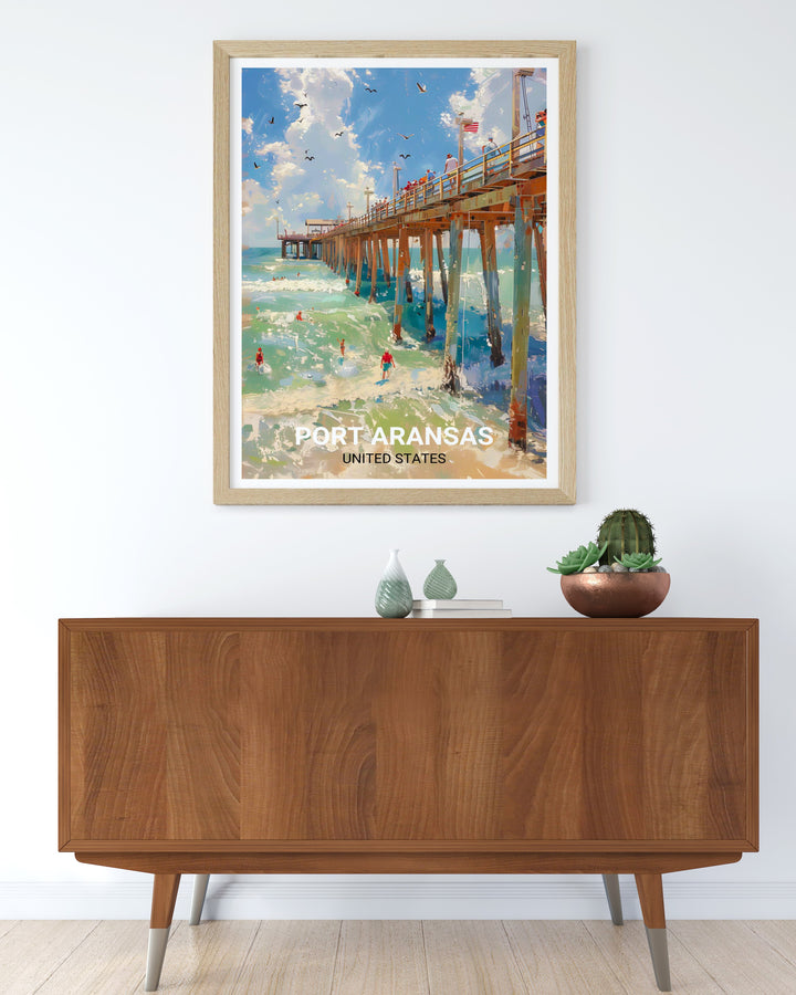 An art print featuring the scenic beauty of Port Aransas, with its famous pier and endless ocean horizon. This artwork brings the peaceful ambiance of the Texas coast into any room, perfect for those who love the sea.