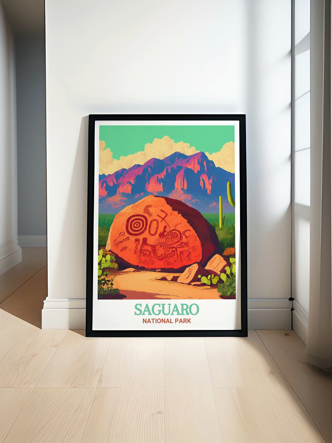 Celebrate Arizonas unique desert landscapes with this custom print, featuring a detailed depiction of Saguaro National Parks towering cacti and the historical petroglyphs of Signal Hill, perfect for collectors and travel enthusiasts.