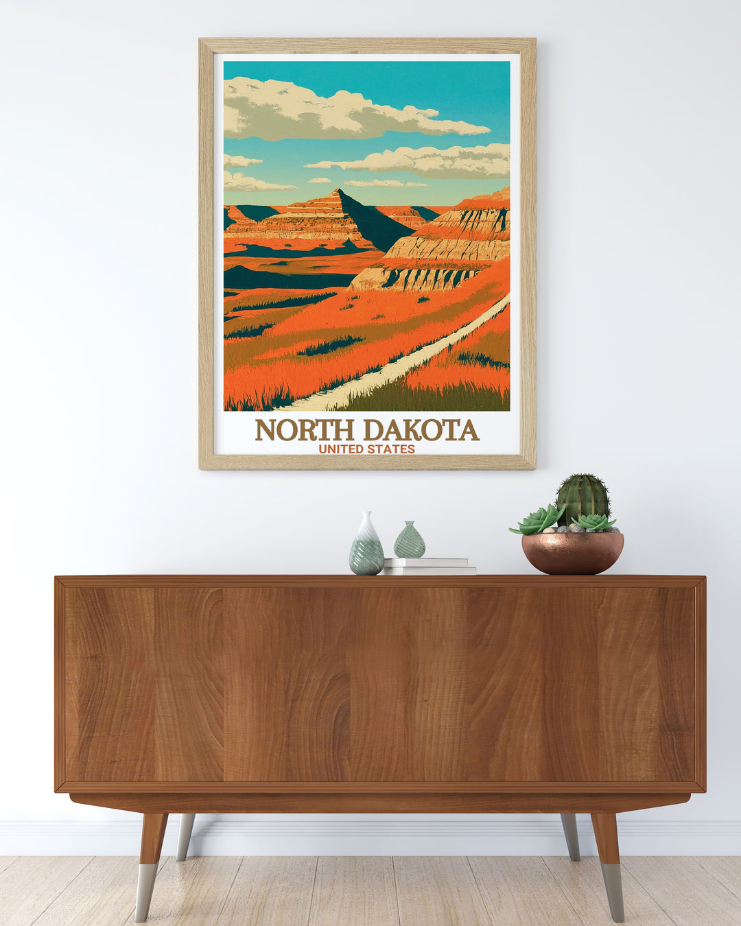 North Dakota Poster Print showcasing the rugged beauty of the Maah Daah Hey Trail. This artwork captures the winding trail through the stunning North Dakota Badlands, perfect for lovers of nature and adventure. The trails unique landscapes come alive in this high quality travel print.