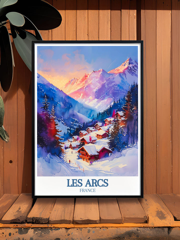 Les Arcs print featuring Aiguille Rouge Mont Blanc stunning living room decor for ski and snowboarding lovers who appreciate vintage travel art and elegant wall decor
