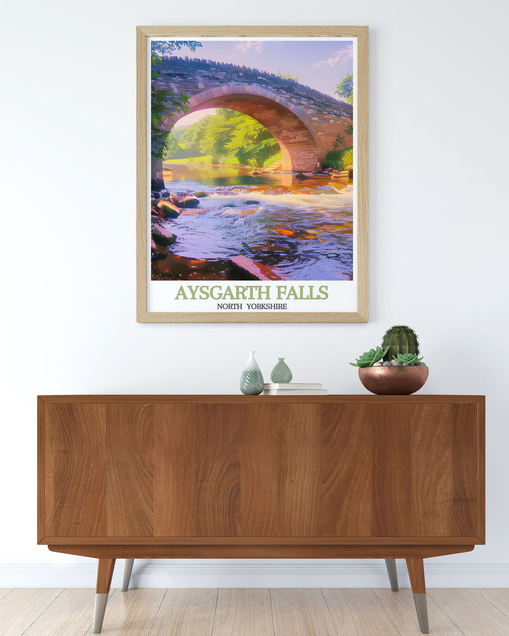 Retro travel poster featuring Aysgarth Bridge in the Yorkshire Dales a stunning addition to your wall art collection this print highlights the picturesque beauty of North Yorkshire ideal for anyone who loves Yorkshire travel and historic landmarks.