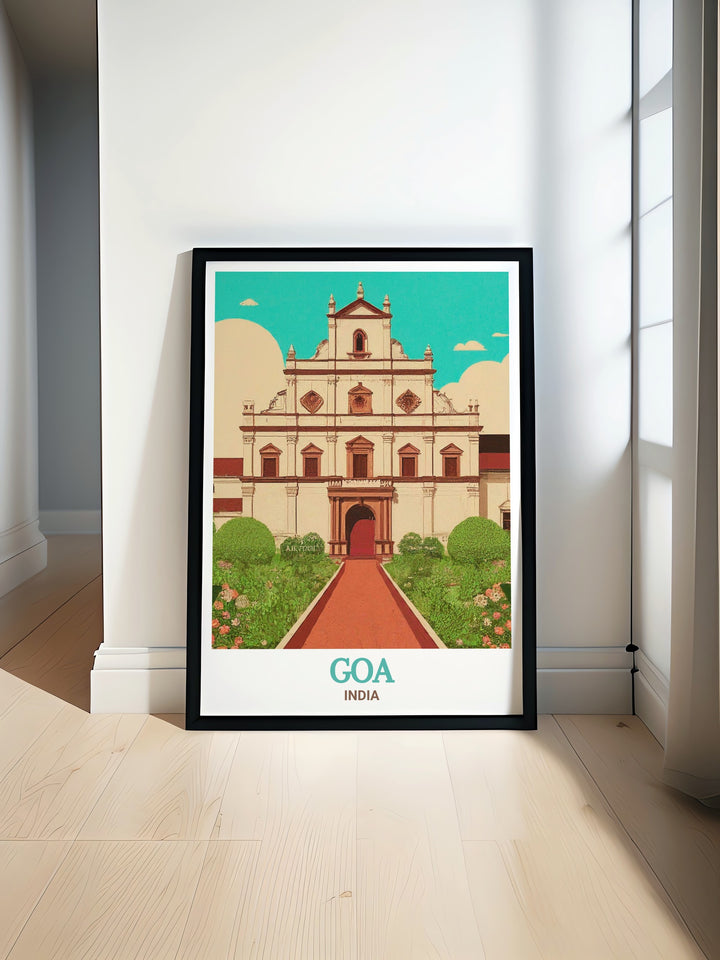 Experience the rich history and cultural beauty of Goa with this Basilica of Bom Jesus travel poster. The detailed depiction of the basilicas Baroque architecture makes this artwork a standout piece, perfect for adding a touch of Indian heritage to your decor.